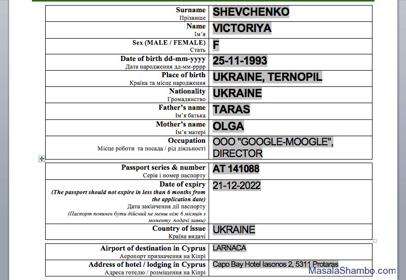 Образец заполнения анкеты на кипрскую национальную визу