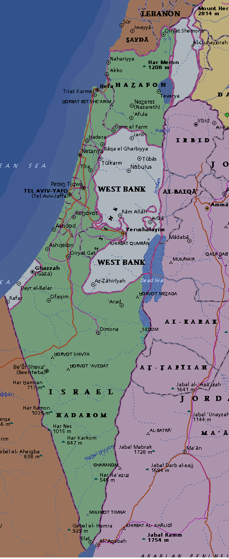 Политическая карта Израиля и Палестины. Палестинская автономия на карте Израиля.