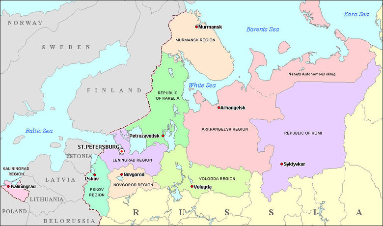 Субъекты и центры северо запада россии. Северо-Западный федеральный округ на карте. Карта европейского Северо Запада России с границами.