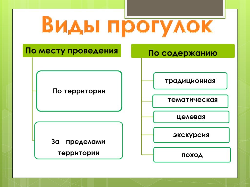 Виды прогулок. Виды экскурсий в ДОУ. Виды тематических прогулок. Виды прогулок в ДОУ. Структура целевой прогулки.