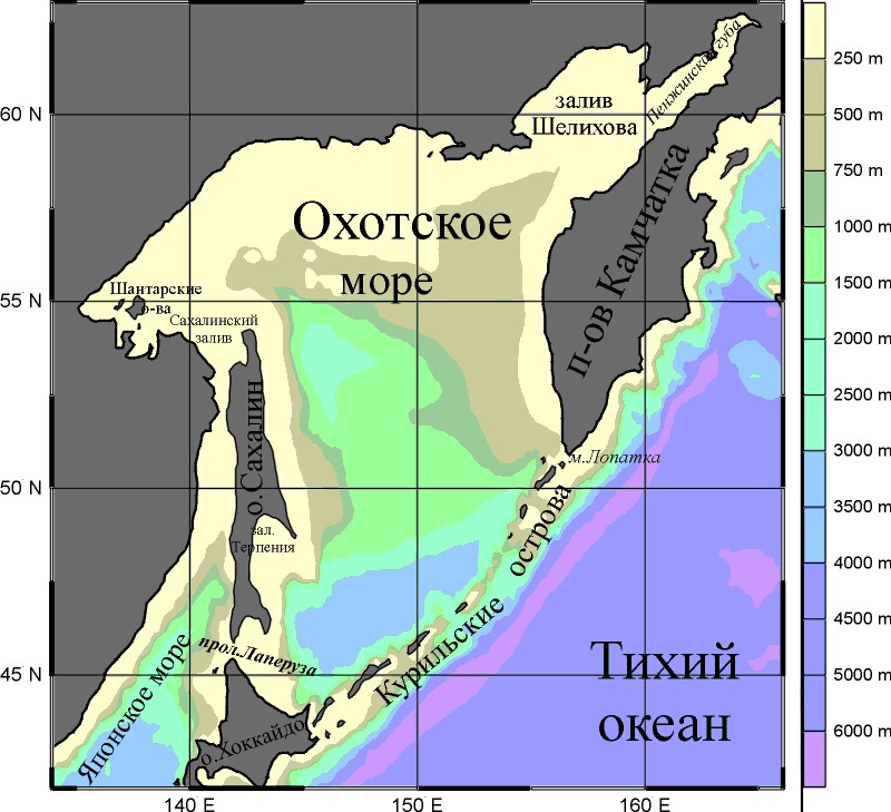 Карта охотского моря подробная