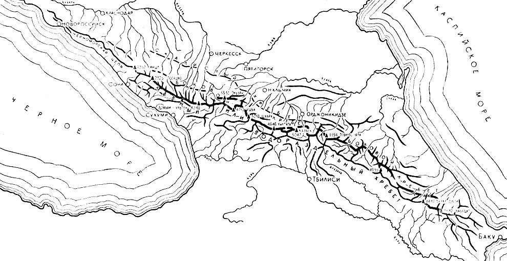 Кавказский хребет на контурной карте