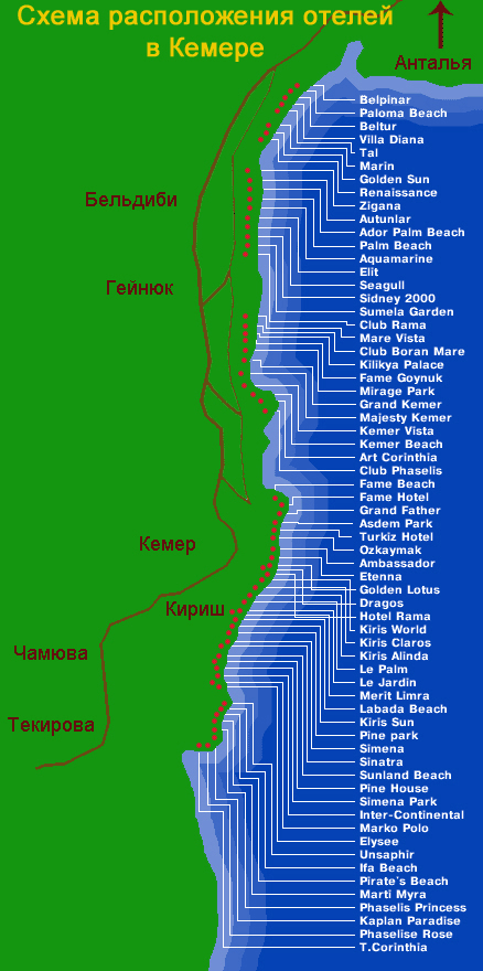 Sunstar местоположение. Карта Кемера с отелями. Карта отелей Кемера Турция. Отели Кемера на карте с названиями. Побережье Кемера с отелями на карте.