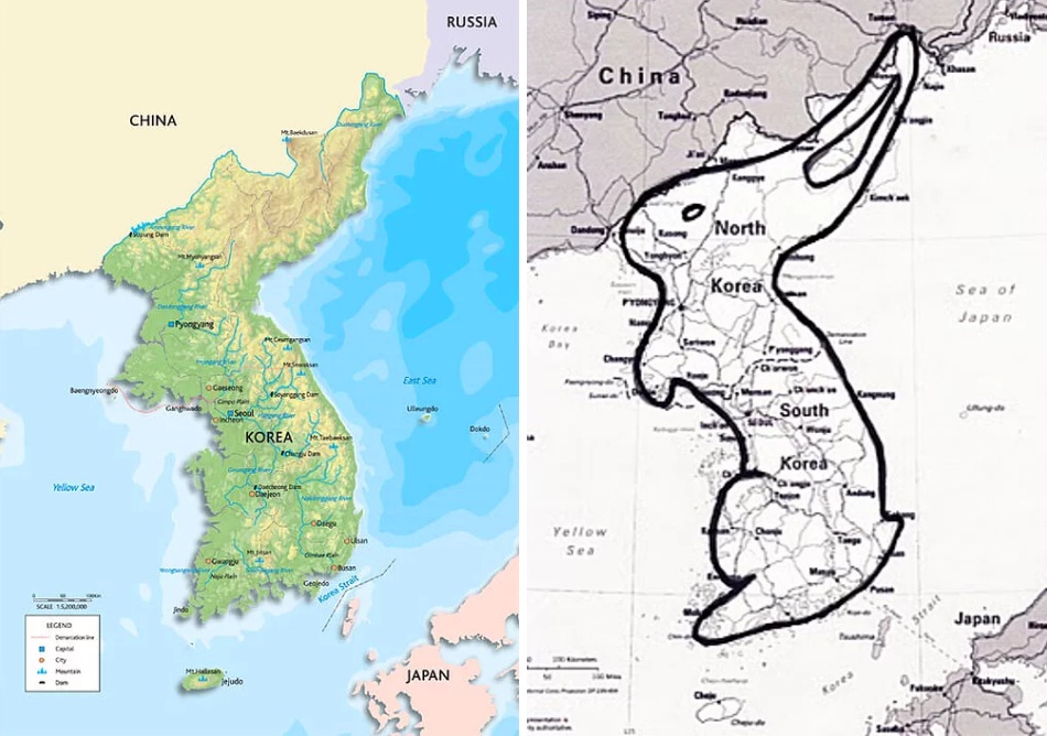 Покажи на карте северную корею. Корейский полуостров на карте. Полуостров Корея на карте. Северная Корея на карте.
