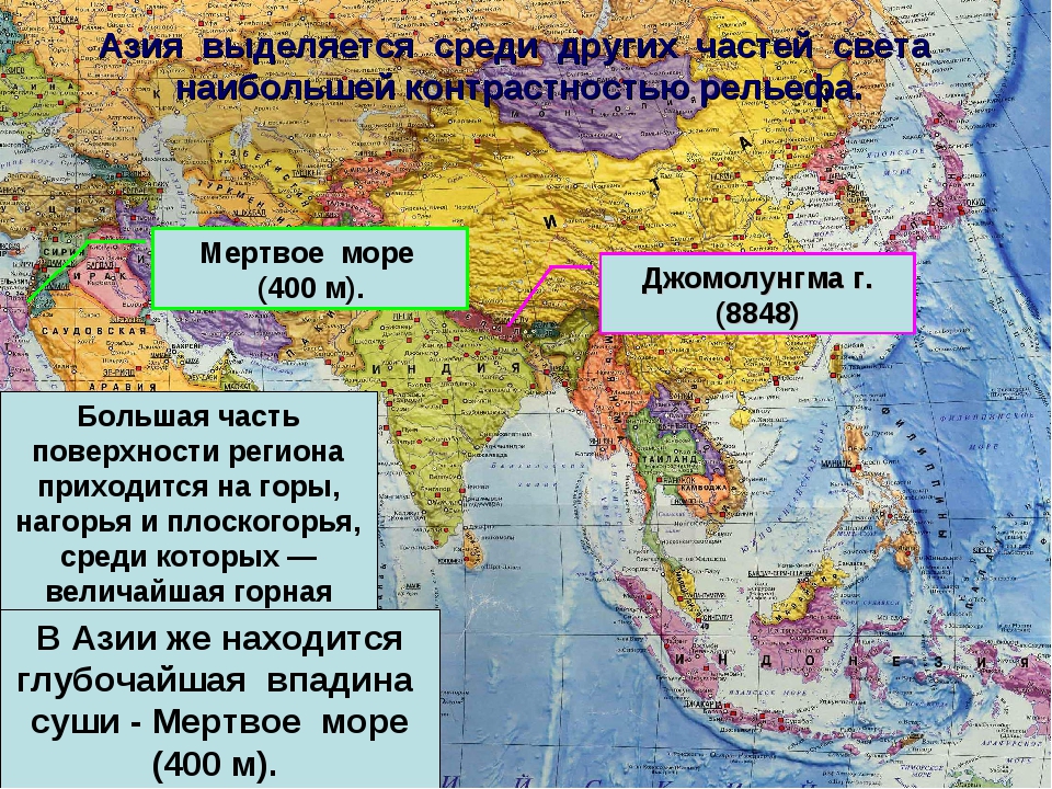 Высота азии над уровнем моря составляет. Мертвое море на карте зарубежной Азии. Азия (часть света). Части зарубежной Азии. Физическая карта зарубежной Азии.
